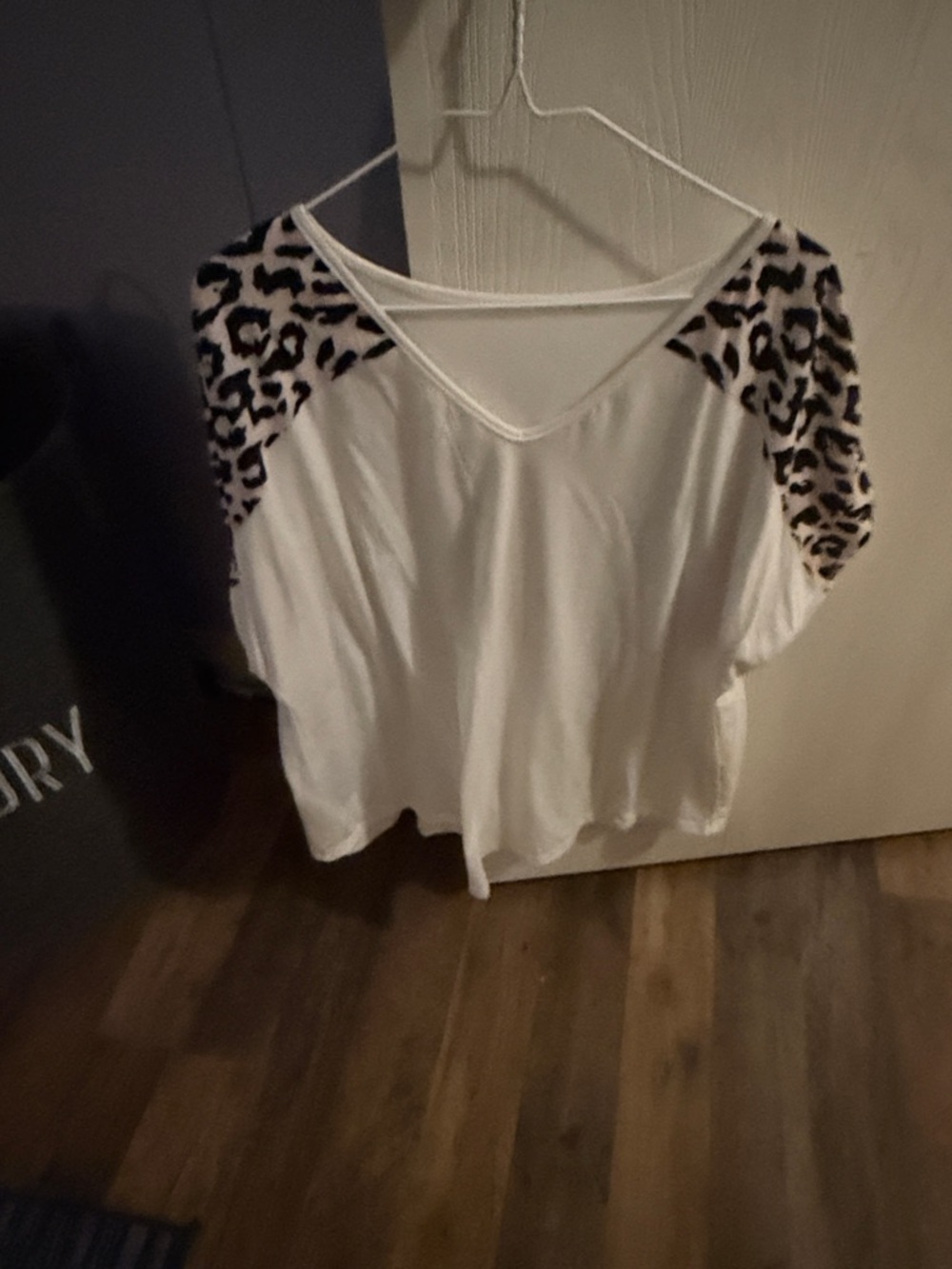 White V-Neck Top with Leopard Print Shoulder Panels